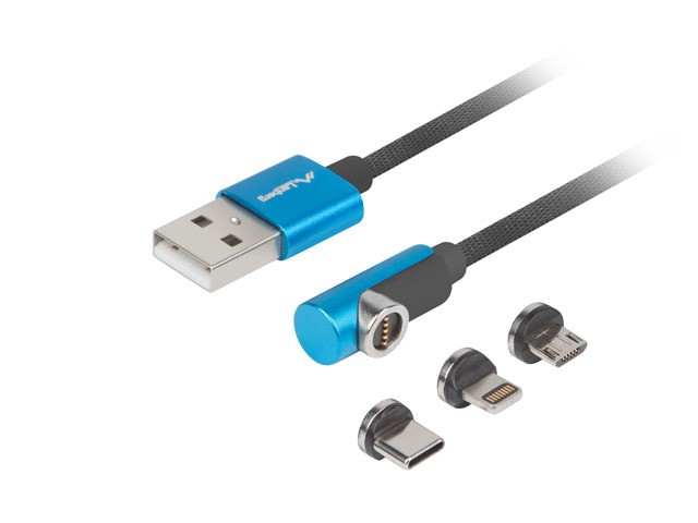 Kabel magnetyczny kątowy USB-A(M)->USB MICRO(M)+LIGHTNING(M)+USB-C(M) 2.0 1m czarno-niebieski QC 3.0