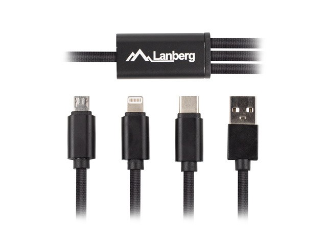 Kabel COMBO USB-A(M)->USB MICRO(M)+LIGHTNING(M)+USB-C(M) 2.0 1m czarny Premium