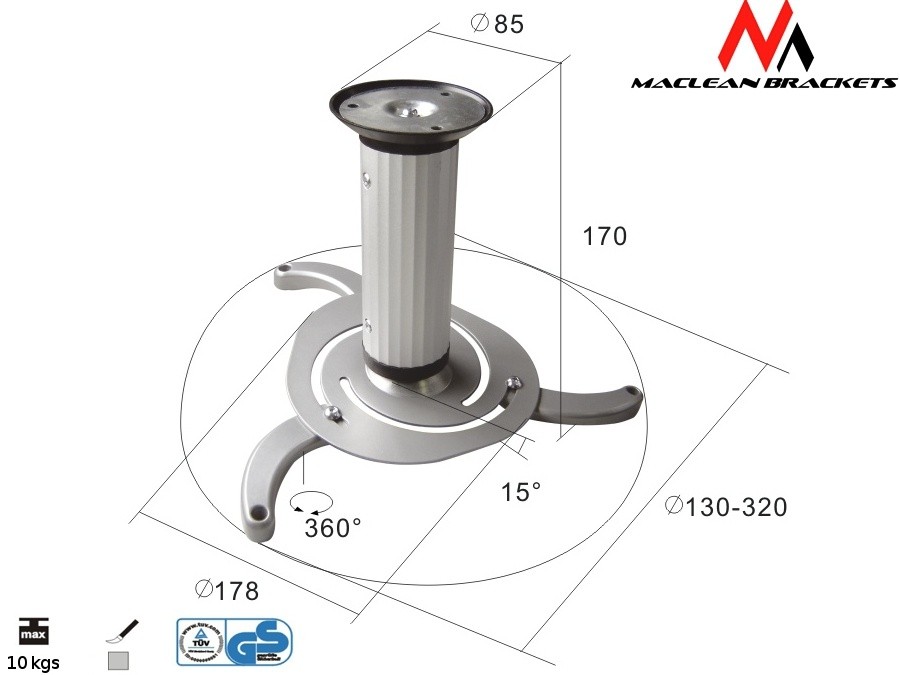 Uchwyt sufitowy do projektora Maclean MC-515 S 80-170mm 10kg