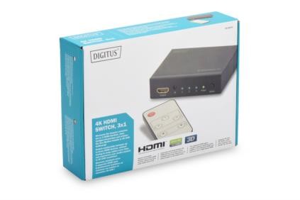 Przełącznik/Switch HDMI 3-portowy, 4K 30Hz UHD 3D, HDCP 1.3, audio, z pilotem