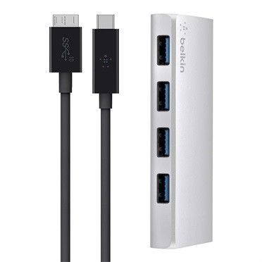 Hub USB-C do 4xUSB3.0 z kablem USB-C Micro-B 1m srebrny