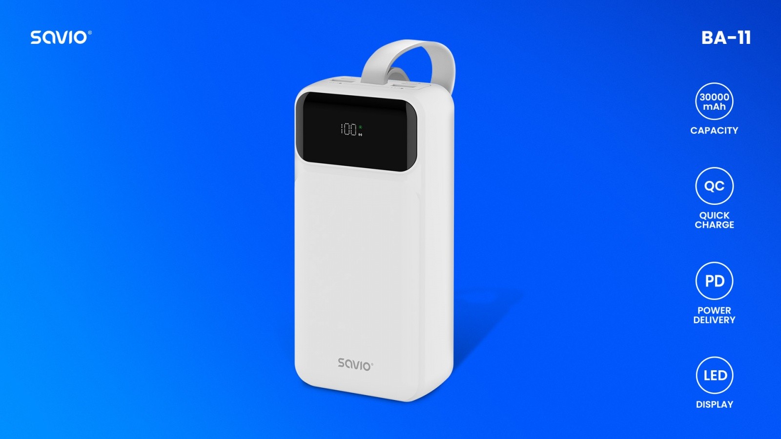 White Savio BA-11 powerbank shown in slanted blue with white icons, display showing 100% battery, handle on top of powerbank