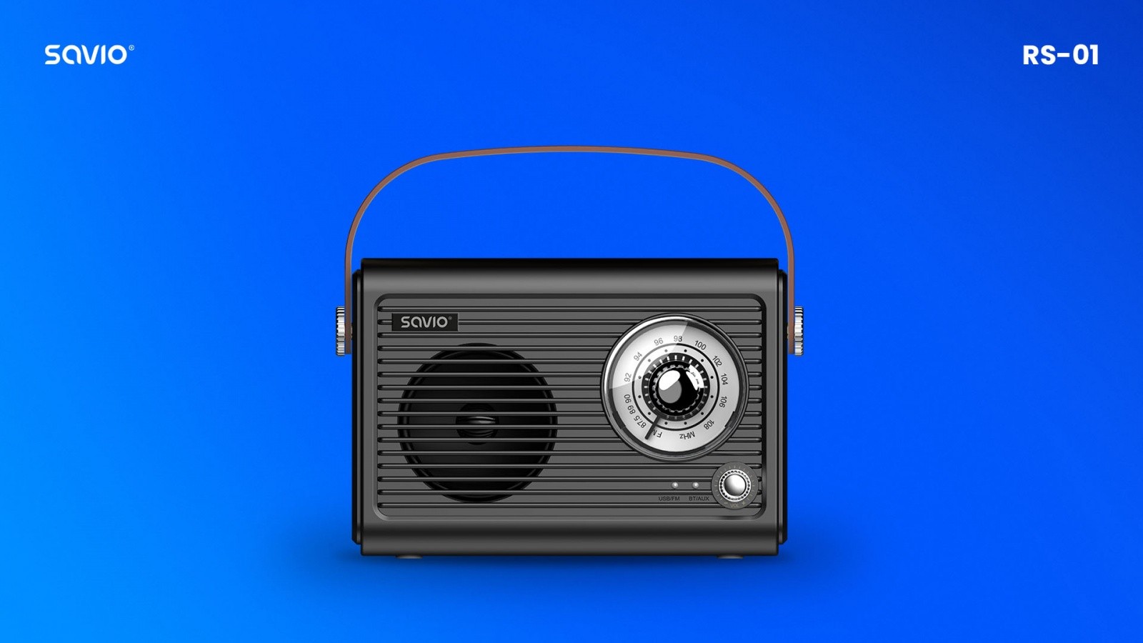 Radio przenośne RS-01 pokazane od frontu na niebieskim tle 